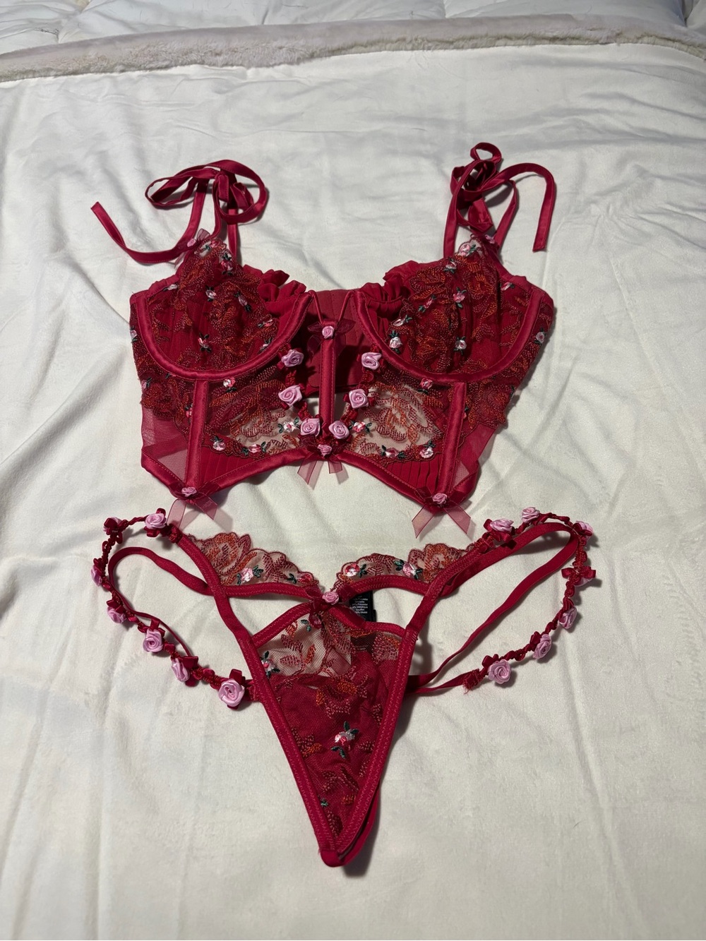 NWOT. For Love & Lemons. Sheer Floral Embroidered Red Lingerie Set